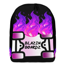 Load image into Gallery viewer, BLAZIN BOARDZ PURPLE FLAMEZ BACKPACK BLACK